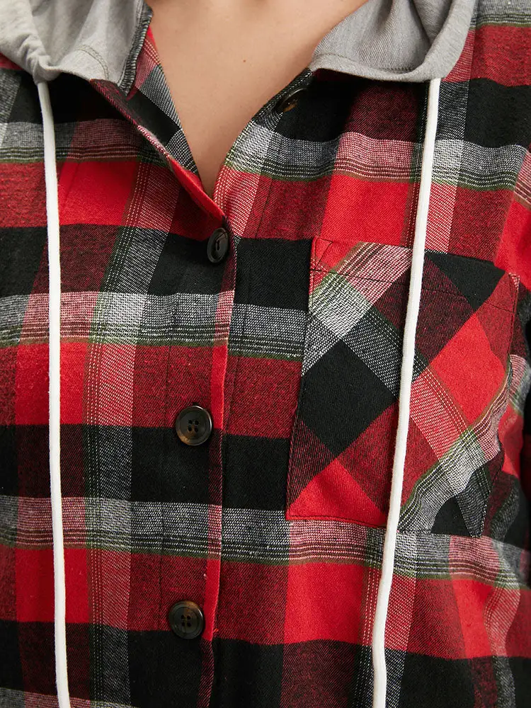 Plaid Patchwork Hooded Drawstring Button Through Jacket