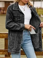Women's Denim Jacket Outdoor Street Daily Wear Fall Winter Regular Coat Regular Fit Thermal Warm Breathable Stylish Casual Jacket Long Sleeve Solid Color with Pockets Light Blue Black Pink