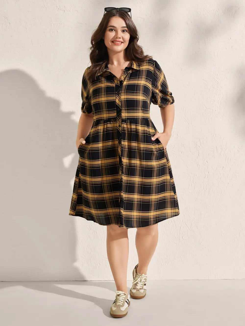 Plaid Print Side Pockets Midi Shirt Dress