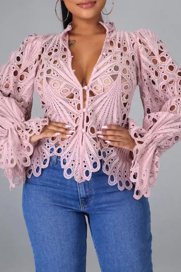 Lace Deep V Sweet Cutout Blouse