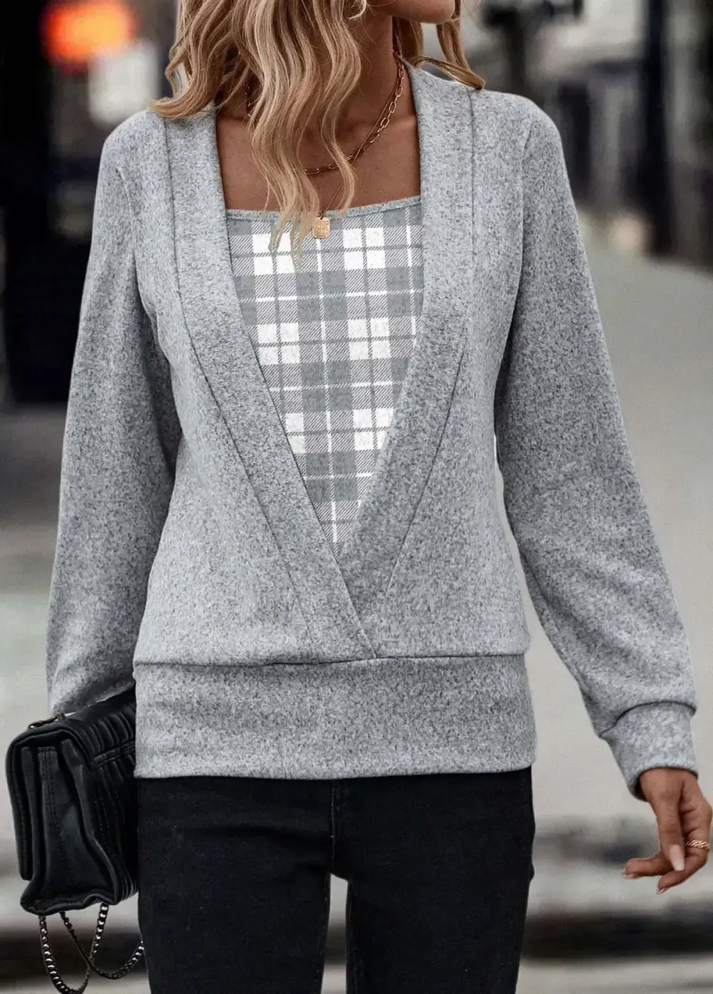 Light Grey Marl Fake 2in1 Plaid Long Sleeve Sweatshirt