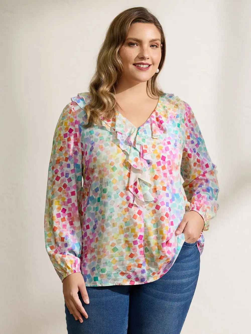 Ruffled Neckline Colorful Geometric Rayon Blouse