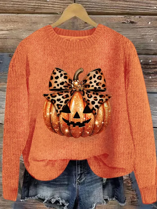 Leopard Coquette Bow Pumpkin Print Halloween Knitted Casual Loose Sweater