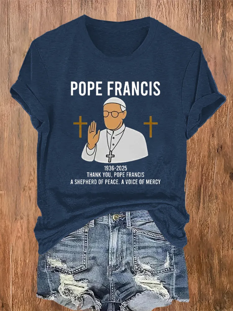 Women's Thank You PF A Shepherd Of Peace A Voice Of Mercy Print Short Sleeve Round Neck Cotton T-Shirt