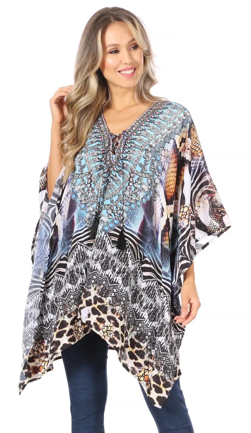 Women's Caftan Poncho Cover up V neck Top Lace up With Rhinestone