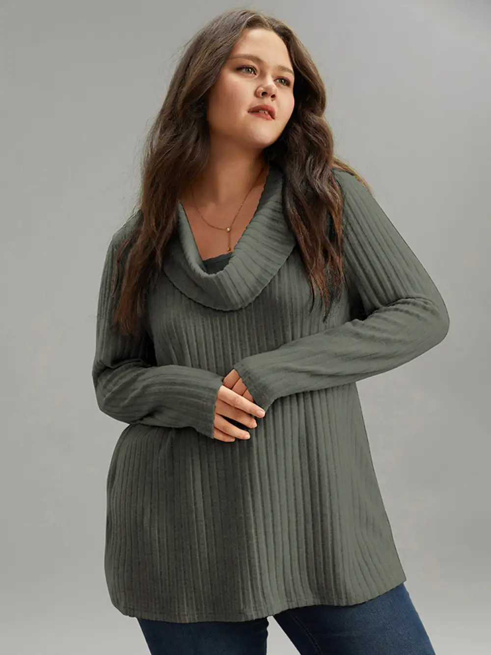 Plain Rib Knit Cowl Neck T-Shirt