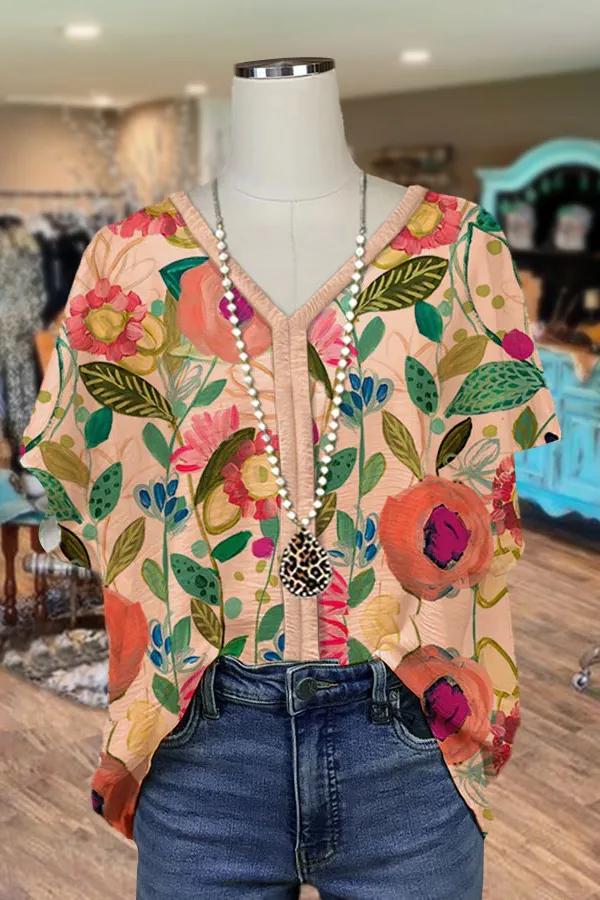 Floral Print V-Neck Dolman Sleeve Top