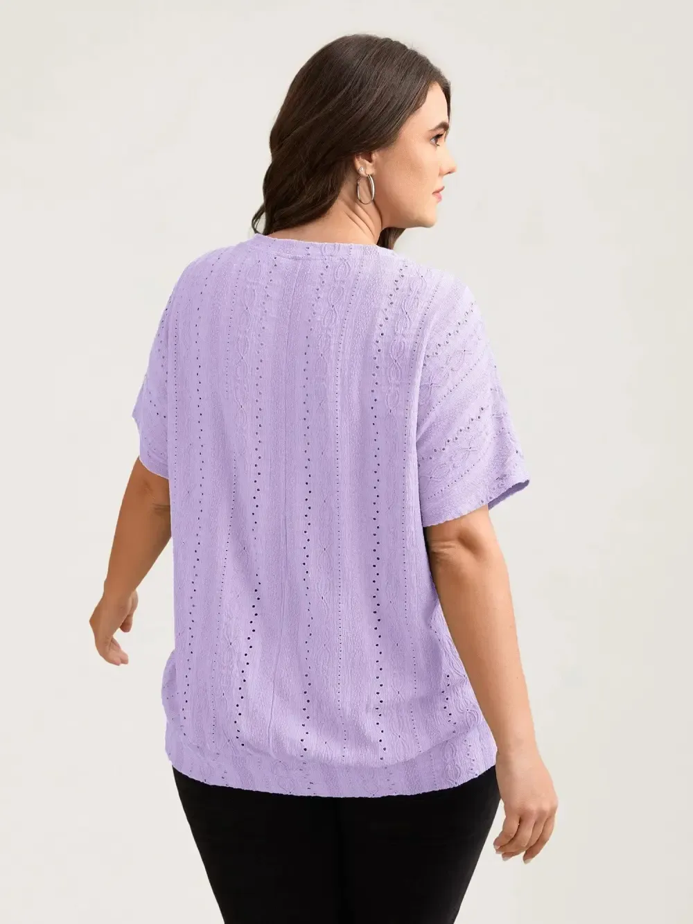 Eyelet Trim Stretchy Textured Plain Top