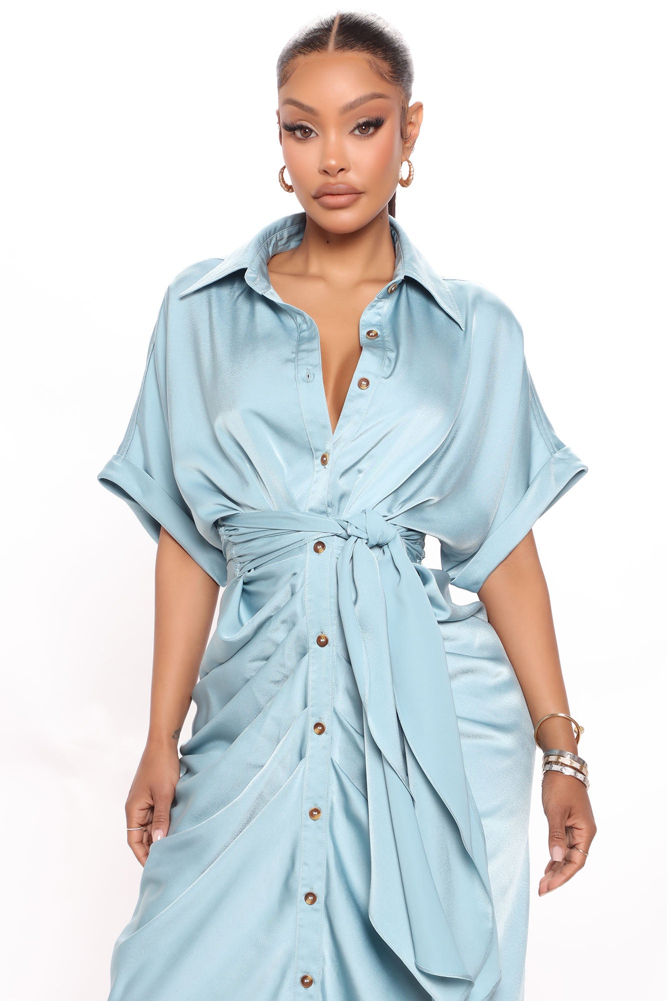 Stuck In The City Satin Midi Dress - Blue