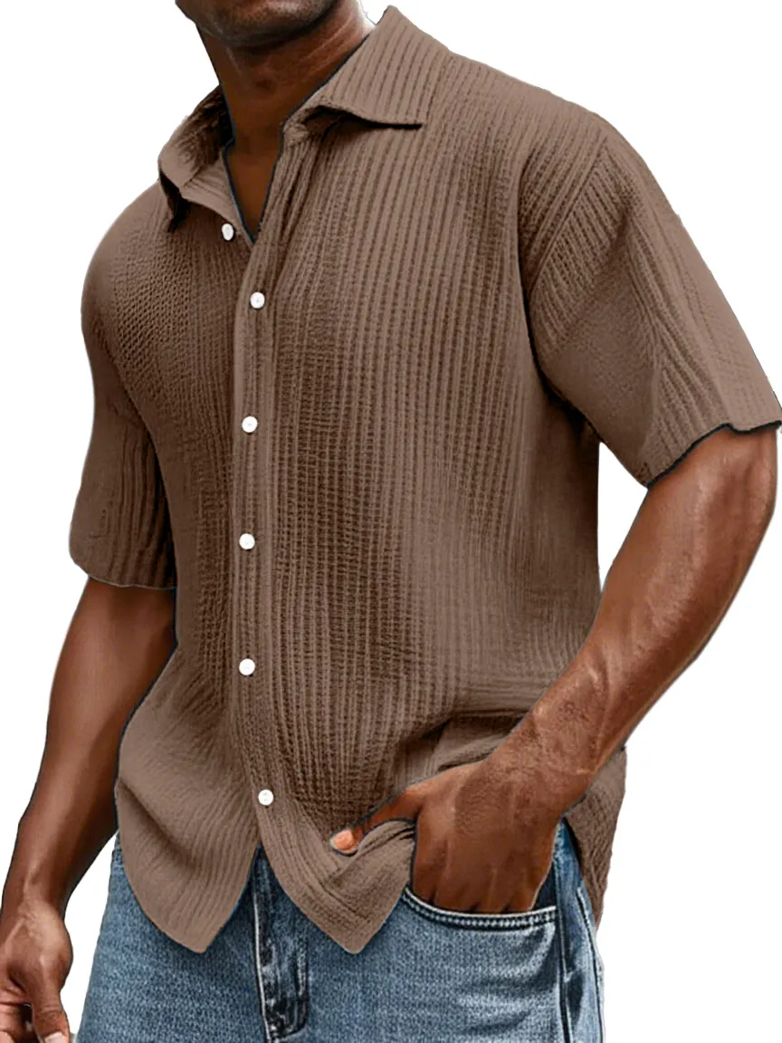 Men's Daily Casual Loose Comfortable Cotton Ruffled Texture Lapel Short Sleeve Button Shirt