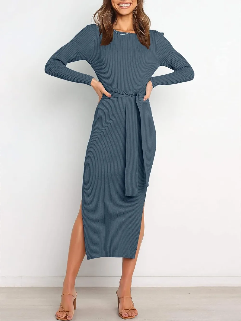 Long Sleeve Sweater Dress Crew Neck Slim Fit Slit Tie Waist 2024 Ribbed Knit Bodycon Midi Dress Fall Outfits
