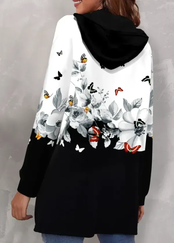 Multi Color Pocket Floral Print Long Sleeve Hooded Coat