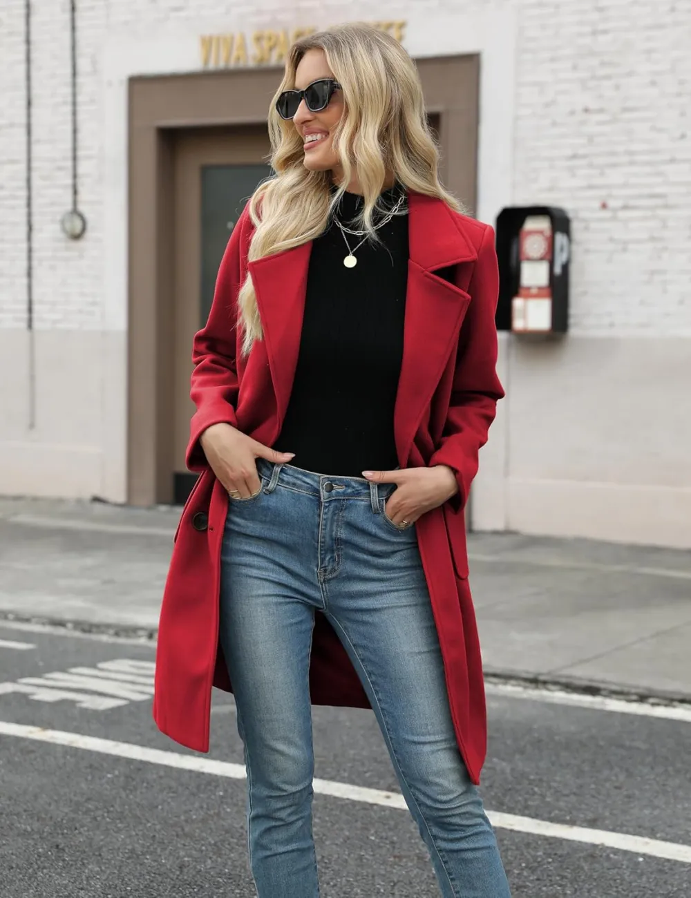 Women Winter Wool Blend Camel Mid-Long Coat Notch Double-Breasted Lapel Jacket Outwear