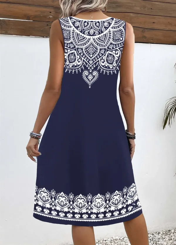 Navy Breathable Tribal Print A Line Sleeveless Dress
