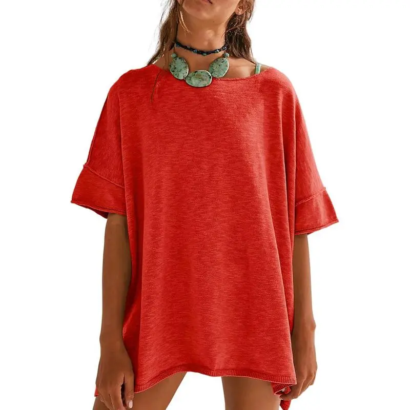 Women's Oversized Crew Neck Side Slit T-Shirt – Casual, Loose-Fit Summer Top