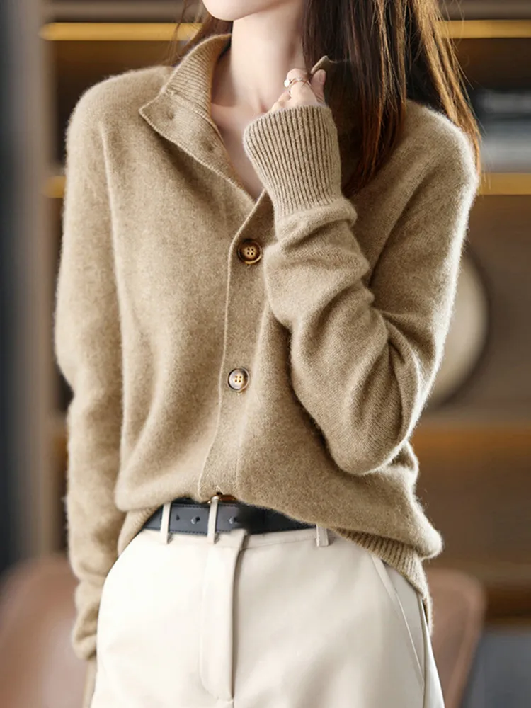 Solid Button Stand Collar Knitted Cardigan