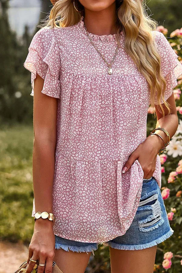 Animal Print Ruffle Chiffon T-Shirt