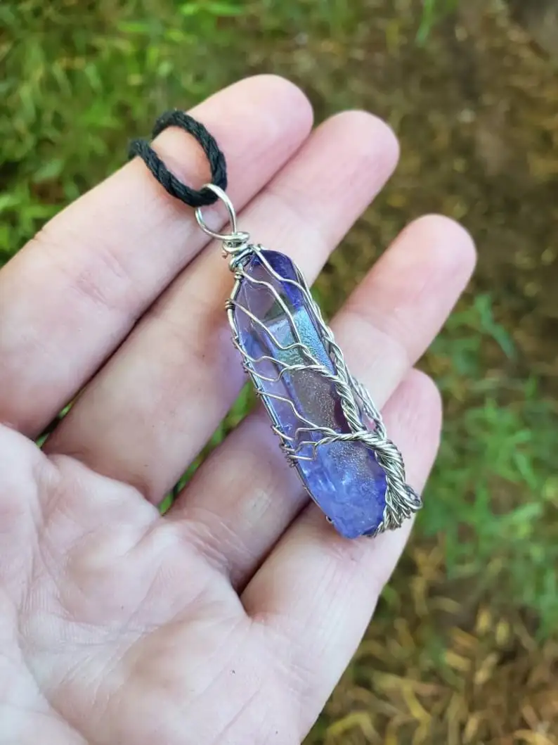 Titanium Wire Wrapped Blue Aura Quartz Crystal Tree of Life Pendant Necklace - Grounding Necklace - Self Confidence - Relaxation Crystal