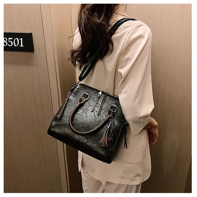 Women's Tote Bag Set Boston Bag PU Leather Shopping Daily Zipper Adjustable Large Capacity Waterproof Solid Color Black Pink Red