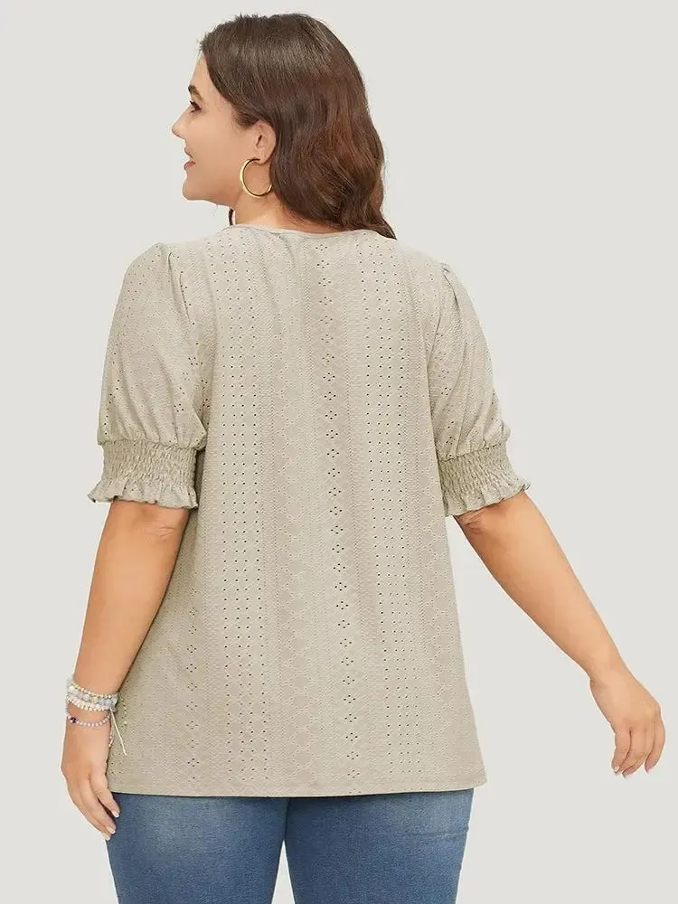 Plain Broderie Anglaise Shirred Puff Sleeve Button Detail T-shirt