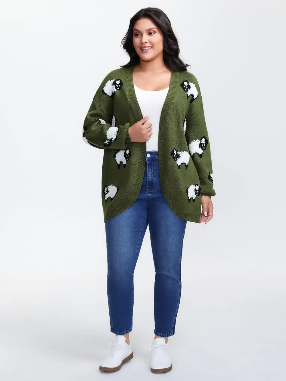 Flocked Lamb Curvy Hem Jacquard-Knit Cardigan