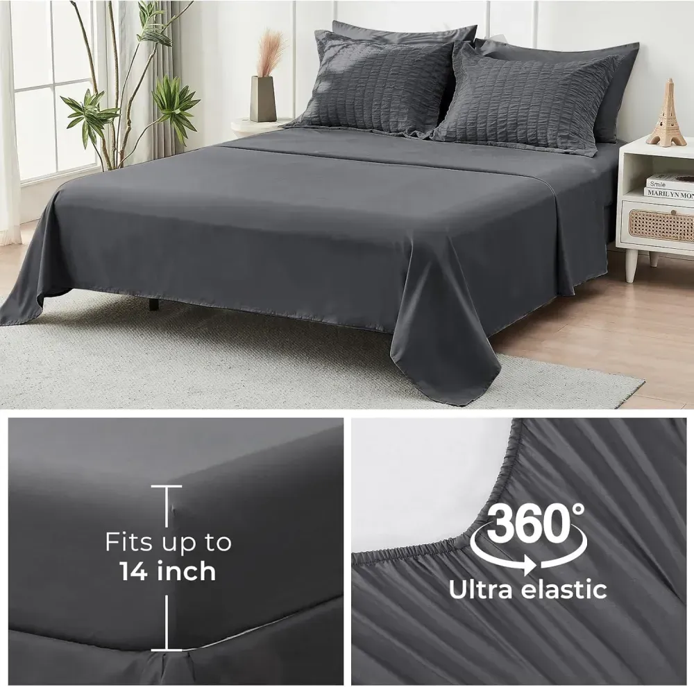 Queen Comforter Set Seersucker 7 Pieces, All Season Luxury Bed in a Bag for Bedroom, Bedding Set with Comforters, Sheets, Pillowcases & Shams, Dark Grey