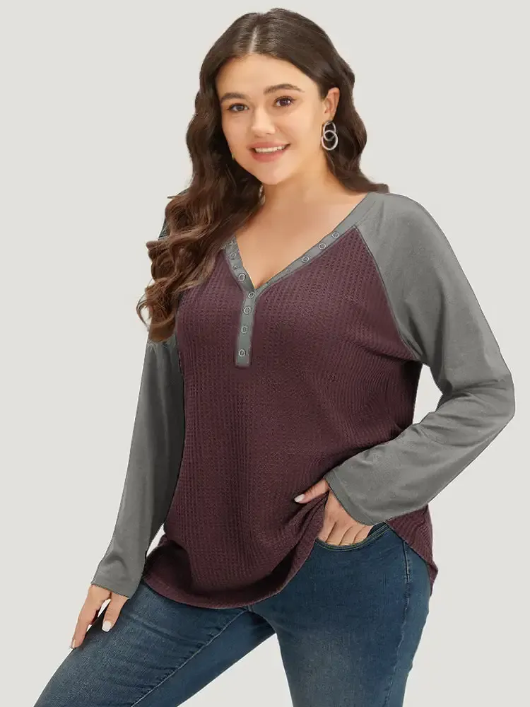 Waffle Knit Raglan Sleeve Metal Buckle Detail T-Shirt