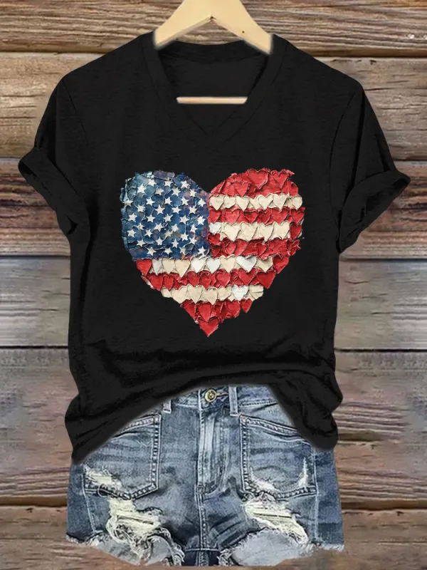 Women'S T-Shirt With National Flag Pattern Heart Print, Pure Cotton V-Neck Short-Sleeved T-Shirt