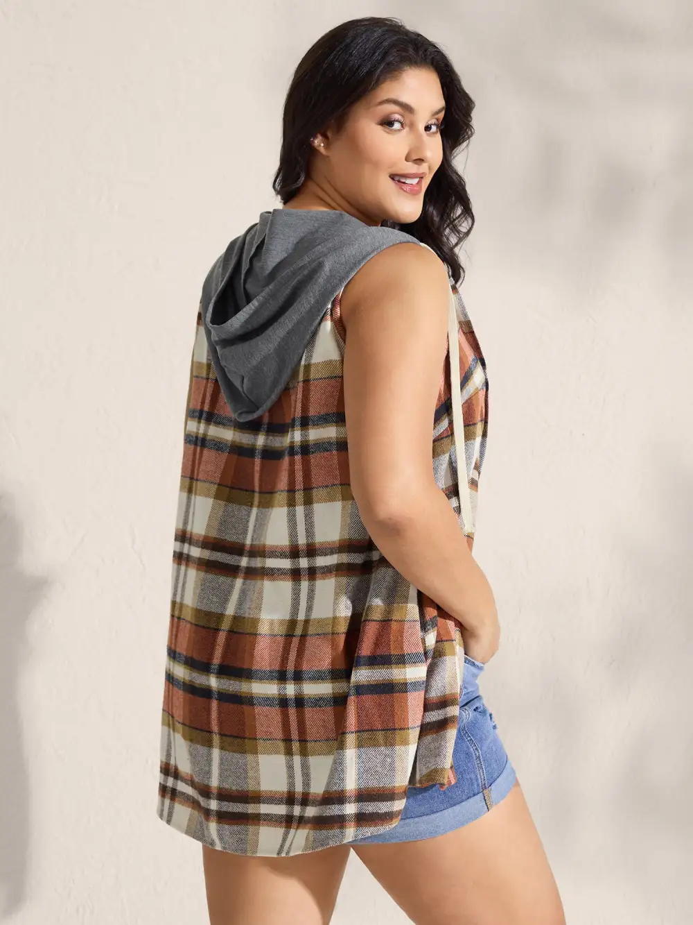 Plaid Print Color Contrast Hooded Vest