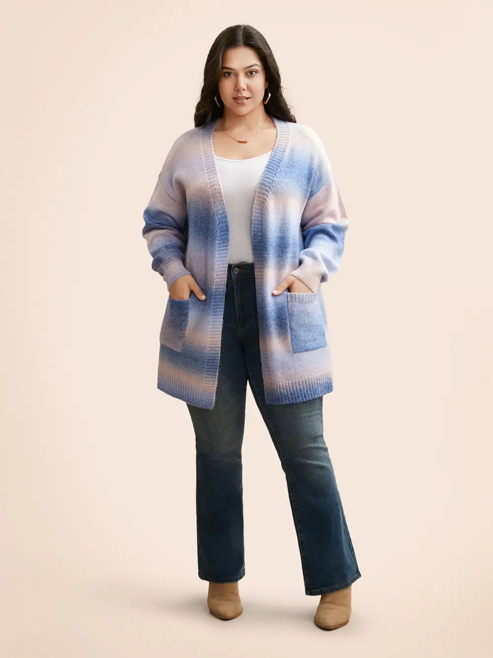 Ombre Kimono Collar Patched Pocket Cardigan