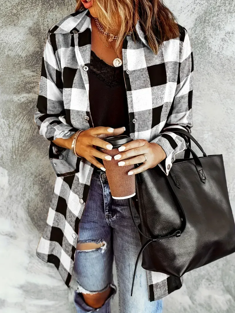 Plaid Print Button Front Shirt, Casual Long Sleeve Shirt For Spring & Fall,