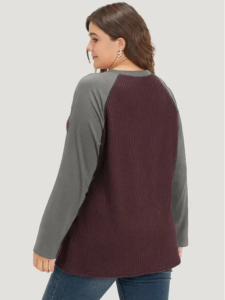 Waffle Knit Raglan Sleeve Metal Buckle Detail T-Shirt