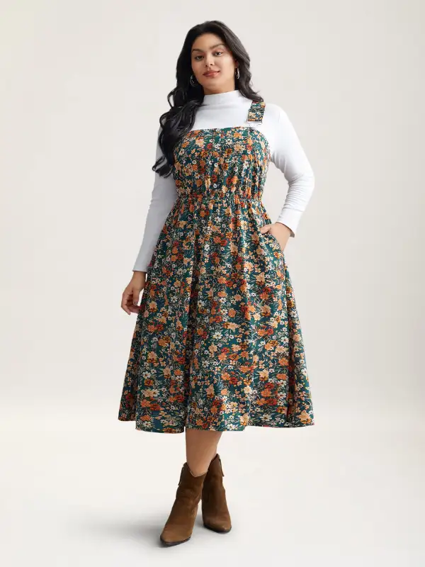 Ditsy Floral Adjustable Straps Elastic Waist Dress