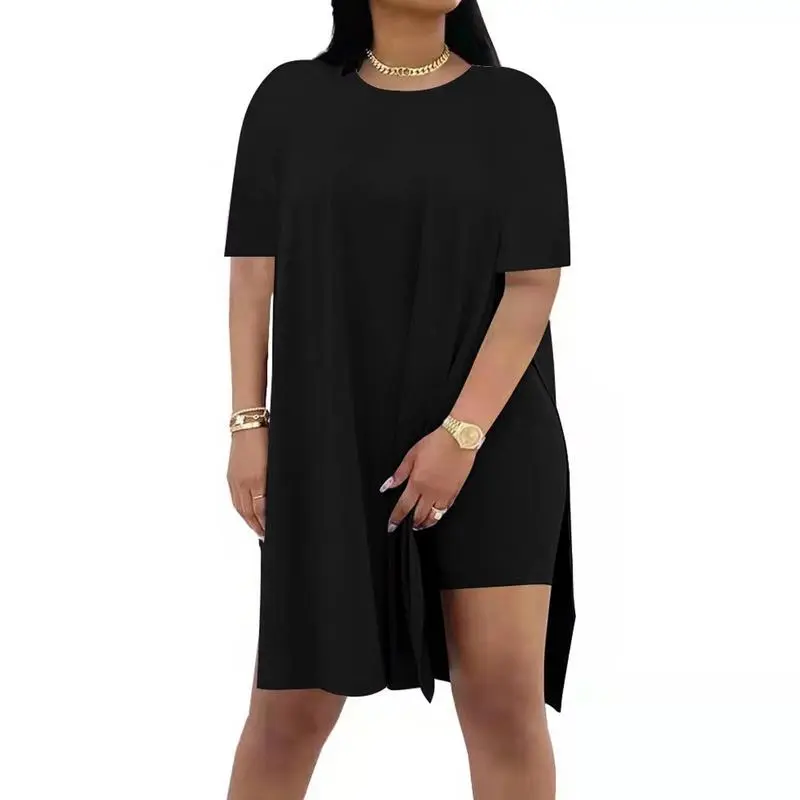 Women Plus Size 2 - Piece Outfits: Crewneck Short Sleeve Tunic & Skinny Biker Shorts Sets