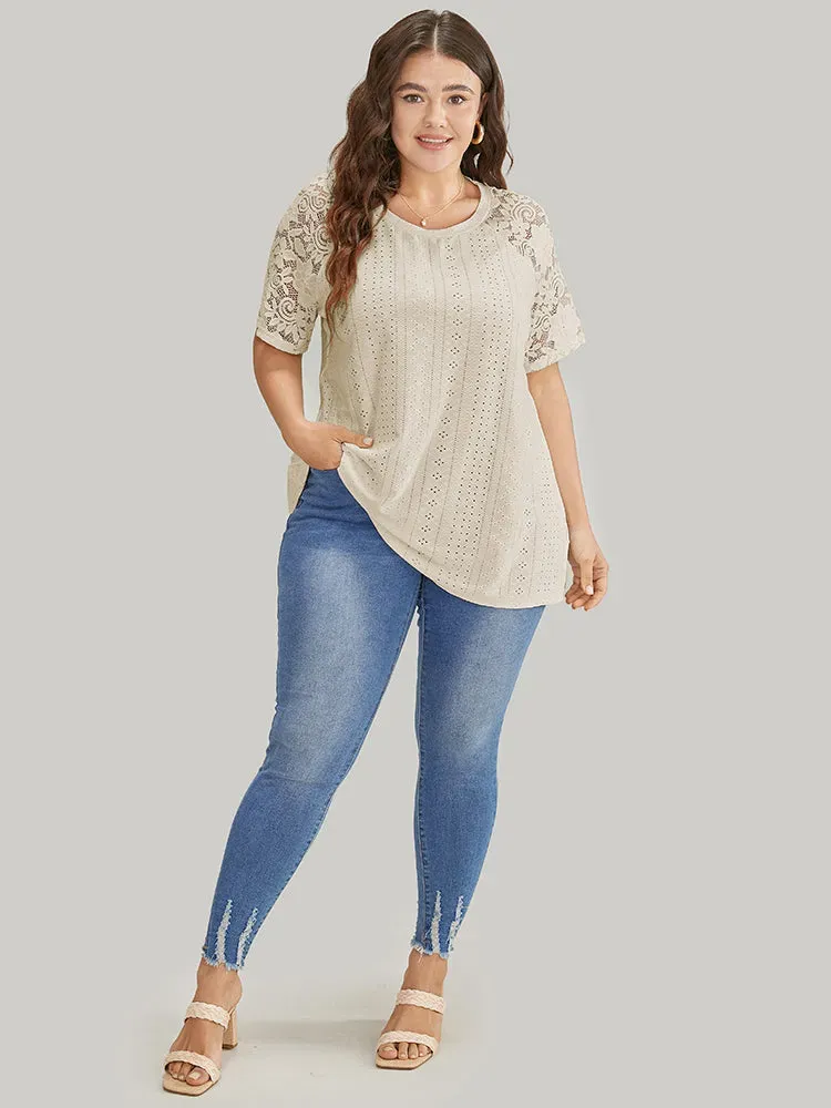 Solid Broderie Anglaise Lace Raglan Sleeve T-shirt