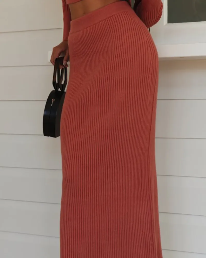Solid Color Crew Collar Back Silt Sweater Set