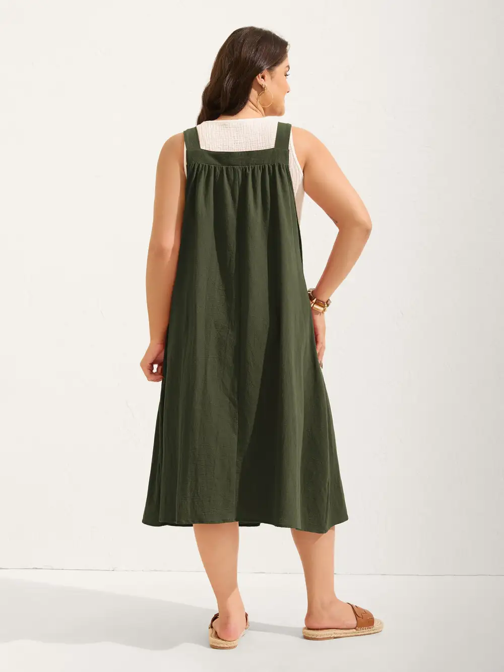 Pure Cotton Pleated Pockets Midi Dress