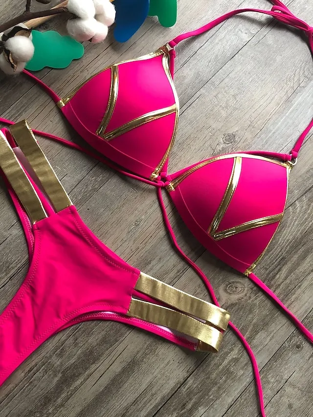 Women's Swimwear Bikini 2 Piece Normal Swimsuit Open Back Cut Out Sexy Leopard Color Block Leopard Print Black Pink Wine Dusty Rose Camisole Strap Bathing Suits New Vacation Sexy