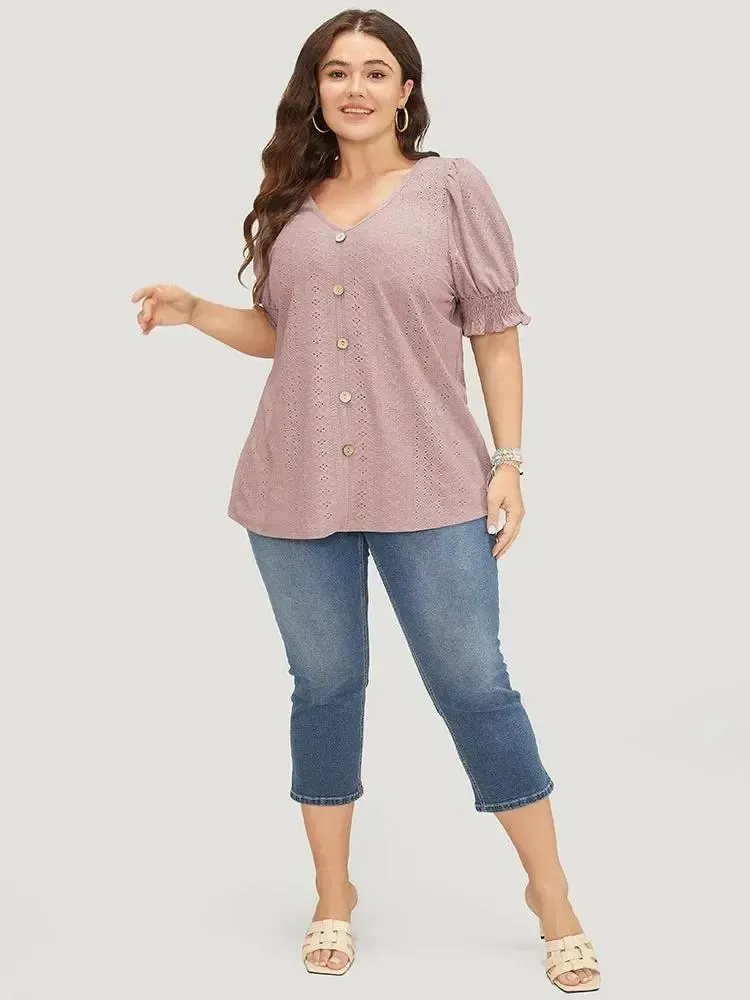 Plain Broderie Anglaise Shirred Puff Sleeve Button Detail T-shirt