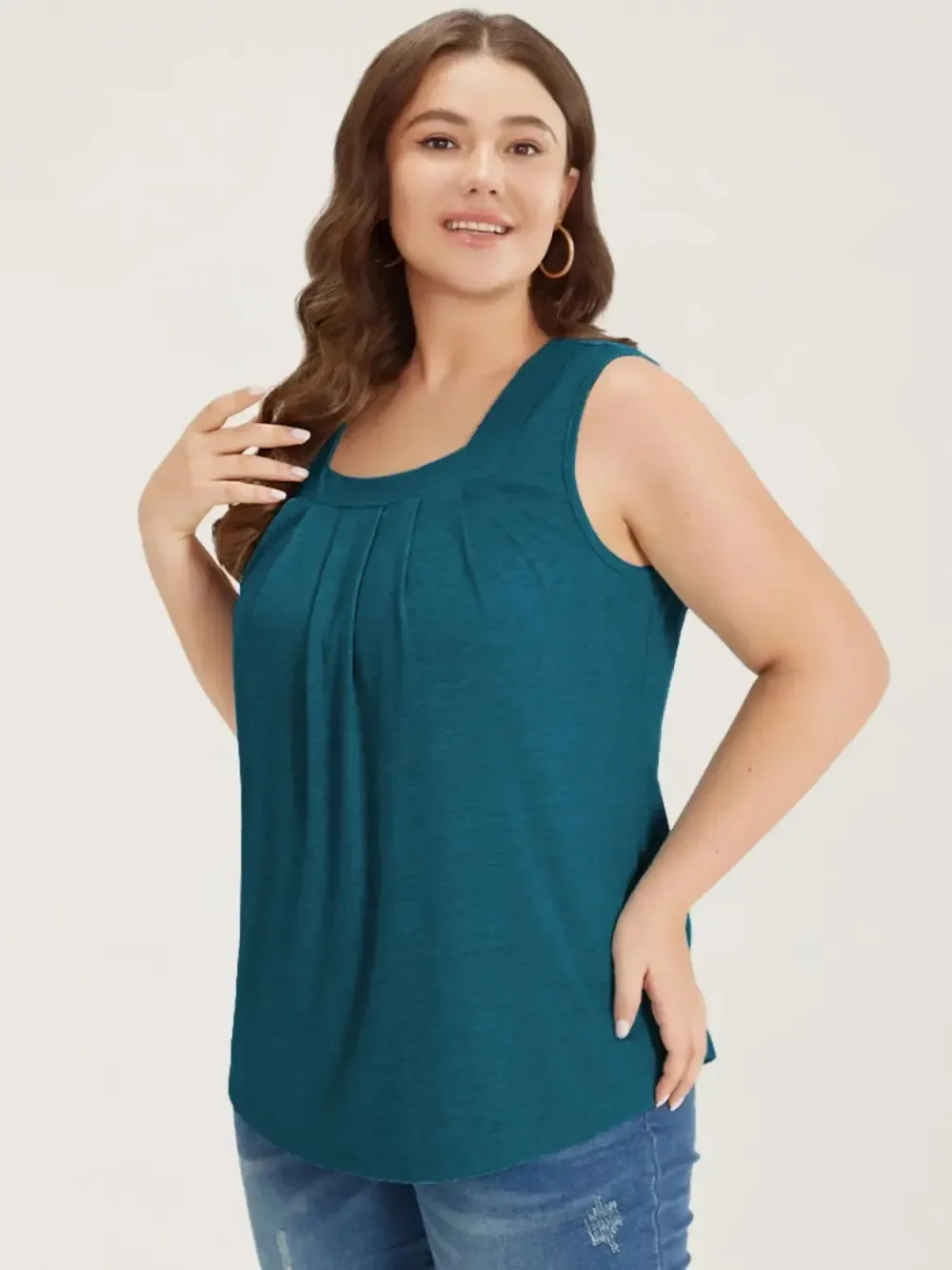 Heather Plicated Detail Square Neck Tank Top