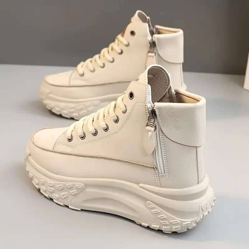 Womens Fashionable Platform Sneakers - Dual Lace Up & Zipper Closure - Refined High Top Skate Style - Padded Comfort for All-Day Wear - Instant Height Boost - Ideal for Sports & Casual Chic