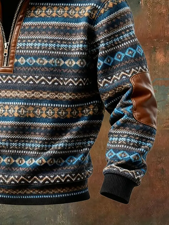 Men's Retro Color Block Print Casual Fur Collar Sweatshirt