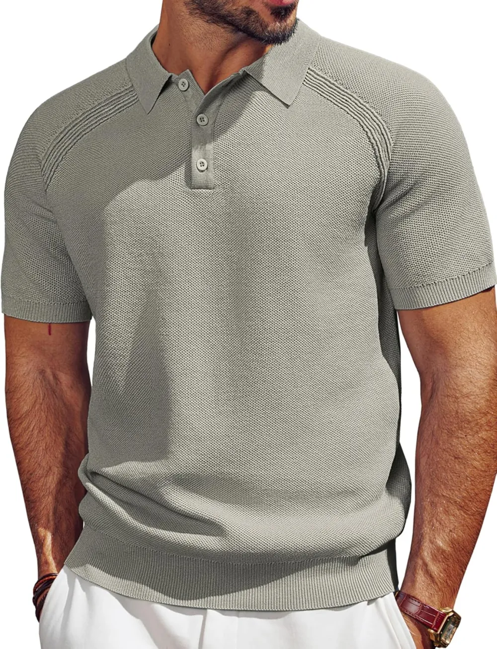 Men's Polo Shirt Short Sleeve Textured Knit Button Shirts Raglan Sleeve Casual Golf Shirt
