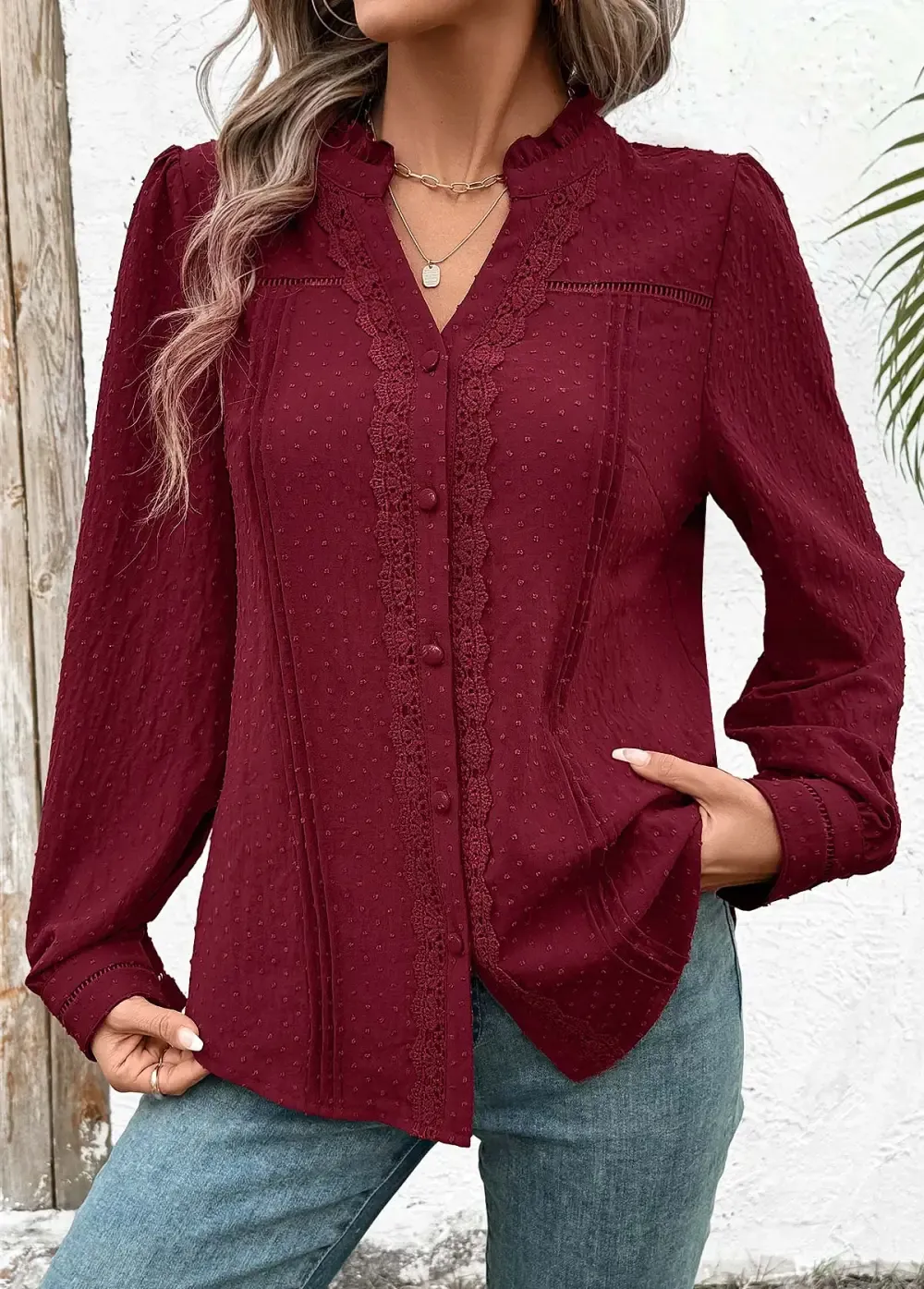 Wine Red Tummy Coverage Long Sleeve V Neck Shirt