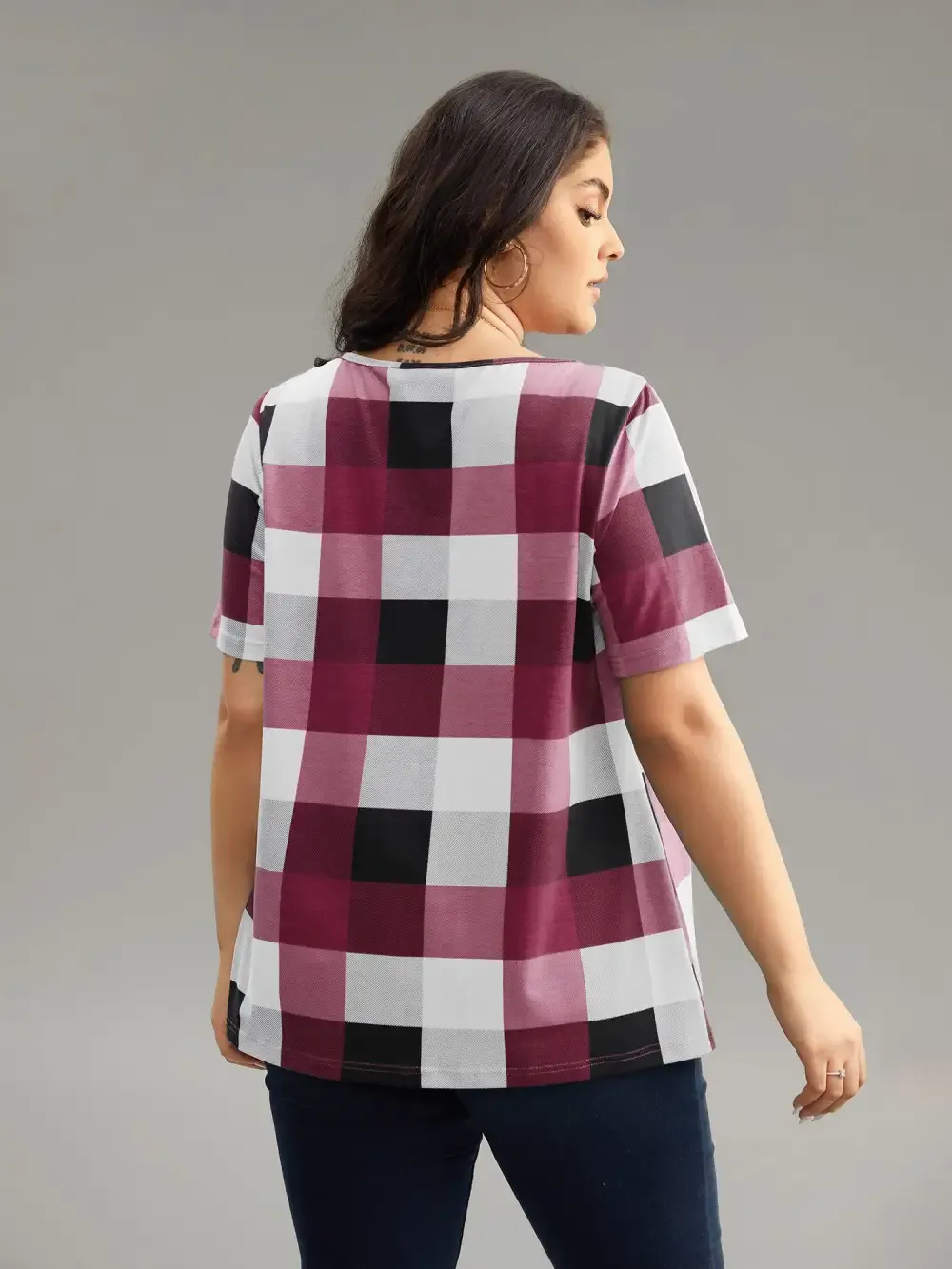 Plaid Round Neck Gathered T-Shirt