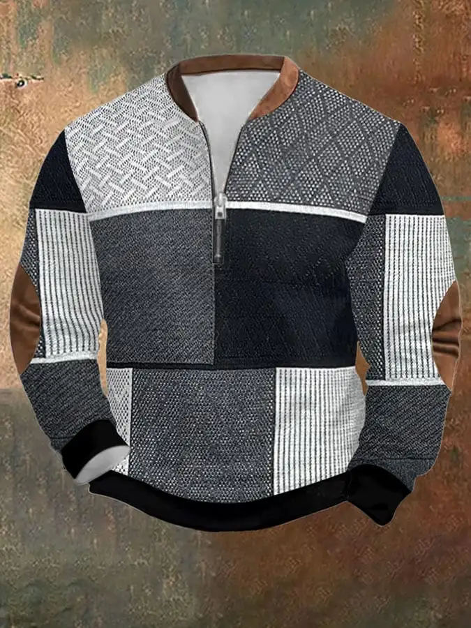 Men's Retro Western Textured Print Zip Collar Sweatshirt