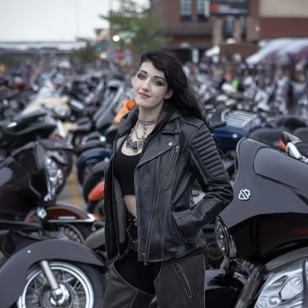 Leather MLL2516 Black Leather Rub-Off Leather Jacket with Hoodie for Women