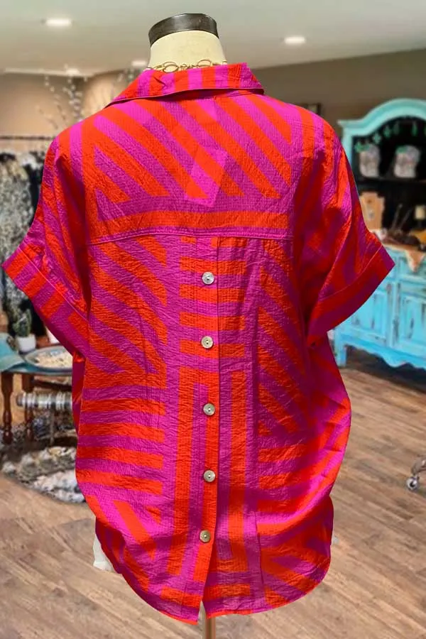 Tribal Print V-Neck Back Button Detailed Top