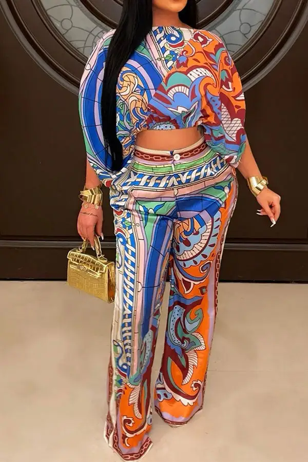 Tribal Print Colorful Boat-Neck Pant Set