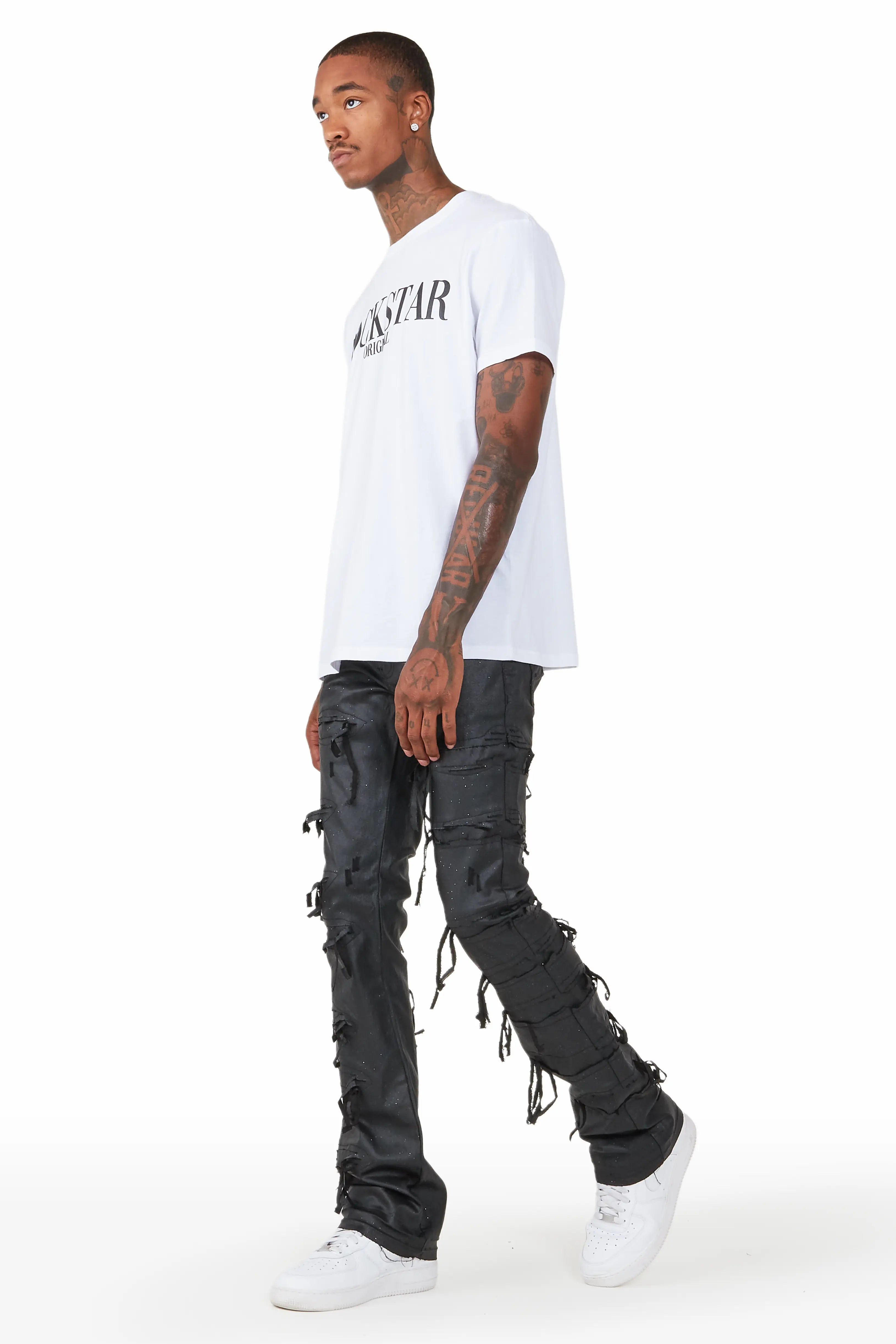 Dalon Black Waxed Stacked Flare Jean